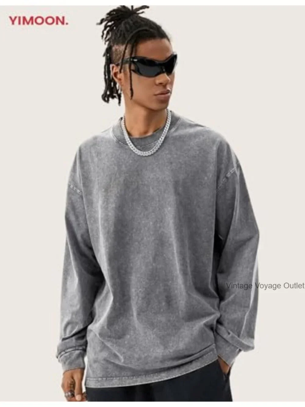 Mens Oversized Acid Wash Long Sleeve Cotton Tee Crewneck Baggy Vintage